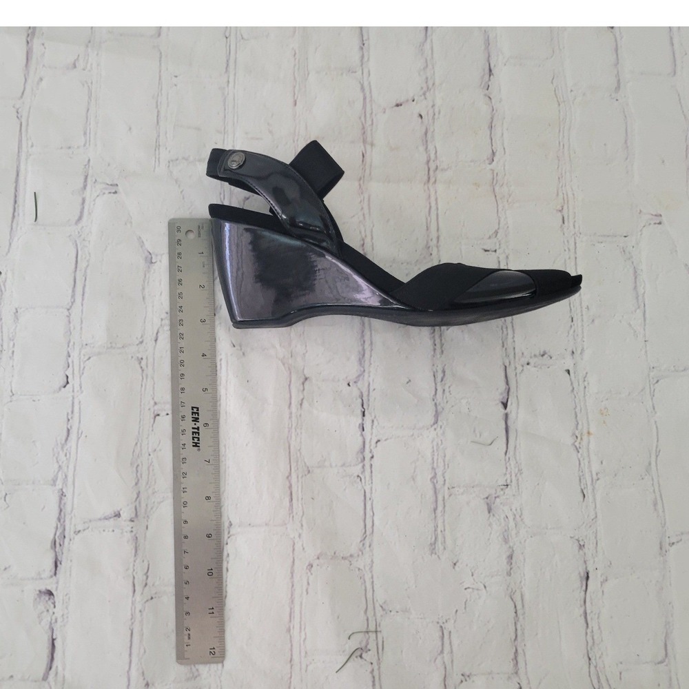 Anne Klein AK Sport‎ Womens Black Patent Elastic Wedge Slingback Sandals